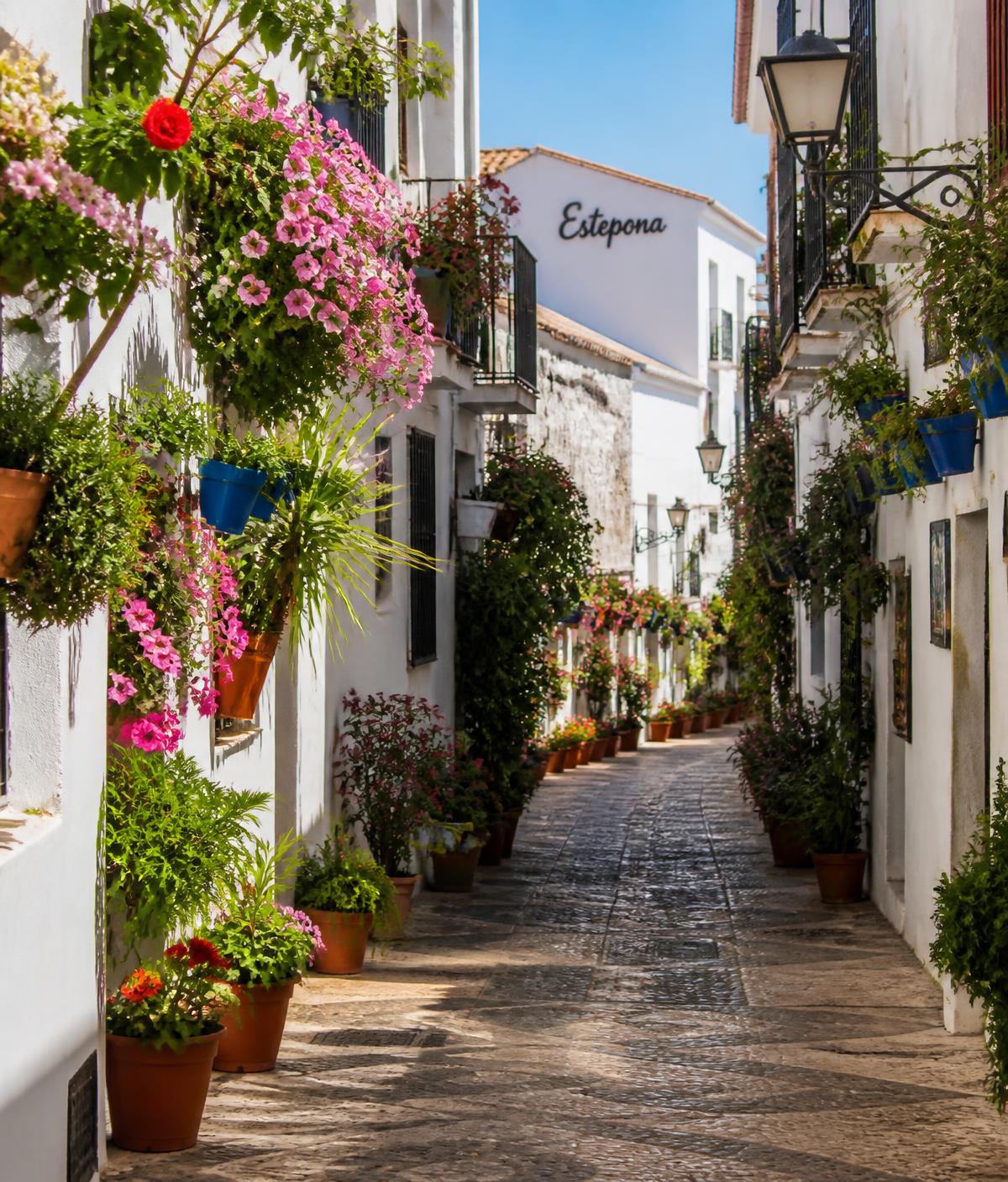 Flower-lined street in Estepona old town